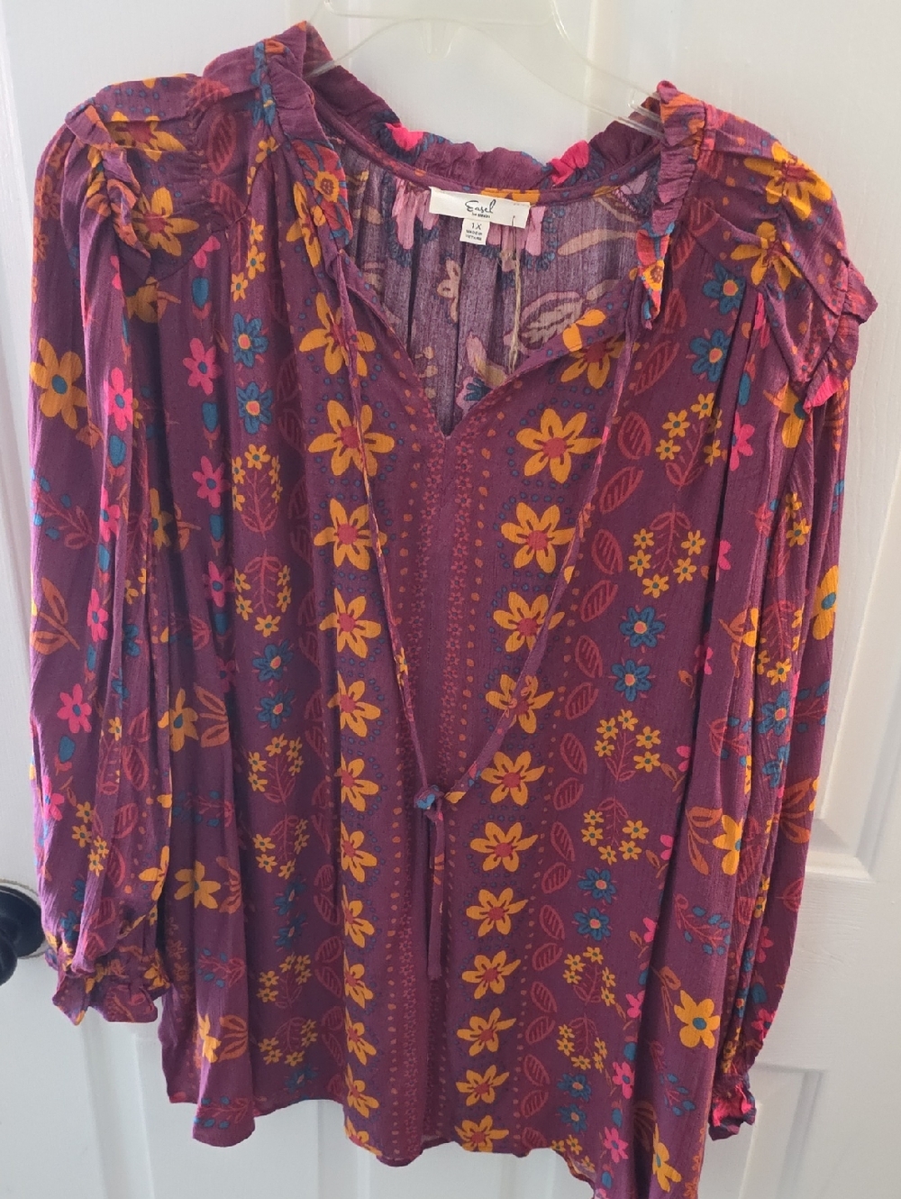 easel Plum Floral Peasant Blouse with Yellow & Teal Flowers
